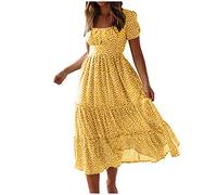 ZEZKT 2024 Robe bohème Mi - Longue Femme éTé Imprimé Polka Dot Col Rond Manches Courtes Robe éLasticité Casual Tunique Pin-Up Robe De SoiréE Chic Et Elegant sous Le Genou Robe pour FêTe