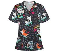 ZEZKT Tunique Médicale Femme Col en V Manche Courte Uniforme De Travail Blouse Infirmiere Femme Professionnelle Uniforme D'infirmière Uniforme avec Motif 2 Poches Manches Courtes Tunique