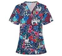 ZEZKT Tunique Médicale Femme Col en V Manche Courte Uniforme De Travail Blouse Infirmiere Femme Professionnelle Uniforme D'infirmière Uniforme avec Motif 2 Poches Manches Courtes Tunique