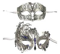 ZFIHAV 2 pièces en métal filigrane Couple masque de fête vénitien bal mariage mascarade Costume Masker ensemble(Silver Blue Diamond)