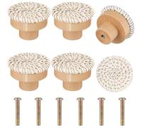 ZFIHAV Bouton De Meuble En Rotin Kit de 1/2/4/6/8 boutons commode en rotin et bois, poignées meuble décoratives rondes, tiroir tissées polyvalentes for tables chevet Pour Porte(White 6Pieces)