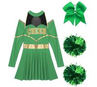 ZFIHAV Tenue De Pom-Pom Girl Costume de pom-pom child for femme, uniforme d'Halloween, robe danse à manches longues avec pompons et élastique cheveux Pour Femmes(Green,M)