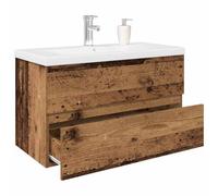 ZfiPhranillus Meuble de lavabo en bois recyclé - 80 x 38,5 x 45 cm - Avec bol en céramique blanche - Bonde pop-up - Montage mural - Meuble de salle de bain moderne pour petites salles de bains et WC