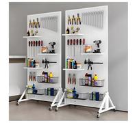 Zfmnoyev 1 Présentoir À roulettes pour Panneau Perforé, Tour De Rangement Métallique À Poser Au Sol avec 20 Crochets, Organiseur D'outils Mobile pour La Décoration Et Le Rangement(Blanc,40x40x120 cm)