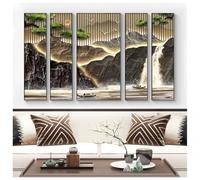 Zfmnoyev Décoration Murale Orientale Traditionnelle Chinoise en 5 Panneaux, Grand Tableau Moderne Encadré Représentant Une Montagne, Tapisserie Murale Verticale Effet 3D(E,4X(35x140)+70x140cm)