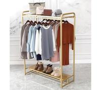 Zfmnoyev Portant À Vêtements Autoportant en Métal avec Étagères, Présentoir À Vêtements Robuste sur Pied pour La Vente Au Détail, Grande Étagère De Rangement À Double Barre(Gold,150x50x160 cm)