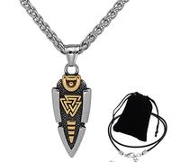 ZFSBRTL Collier Amulette Pointe de Flèche Pendentif Lance, Mythologie Nordique Acier Inoxydable Valknut Runes Bijoux Viking Motif Double Face avec Chaîne de 60 Cm