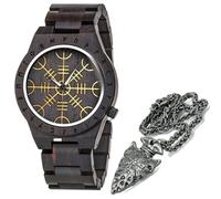 ZFSBRTL Montre en Bois pour Homme, Symbole Viking Heaume de Crainte Nordique Rune Vegvisir Fait À Main Géométrique Créative Montres À Quartz Bracelet Runique Réglable,Noir