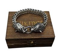 ZFSBRTL Mythologie Nordique Bracelet 3D en Argent Tête de Loup, Bracelet Crâne d'homme Acier Inoxydable Viking Odin Loup Fenrir Amulette Vintage Cadeaux Bijoux avec Boîte en Bois,23cm