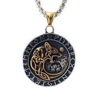 ZFSBRTL Viking Odin Wolf Fenrir Pendentif Collier, Homme Or & Argent Acier Inoxydable Mythologie Nordique Amulette Vegvisir Rune Bijoux Celtiques Cadeau 60Cm Chaîne,d'or