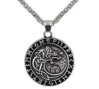 ZFSBRTL Viking Odin Wolf Fenrir Pendentif Collier, Homme Or & Argent Acier Inoxydable Mythologie Nordique Amulette Vegvisir Rune Bijoux Celtiques Cadeau 60Cm Chaîne,Argent