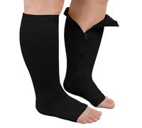 ZFSOCK Bas de Contention Homme Femme: Grande Taille Chaussettes de Compression Zippées Gros Mollet Chaussettes de Médical Bout Ouvert pour Infirmiere Sport Course Varices Grossesse 1 Paire 5XL Noir