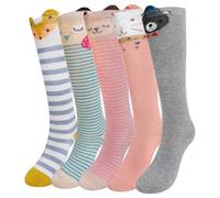 ZFSOCK Chaussette Haute Fille Enfant: Chaussettes Longues au Genou Sans Couture En Coton pour Filles - Chaussettes Rayées Animaux Colorées Cadeau Anniversaire Noël 5 Paires Taille 31-34 Renard
