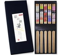 ZFYQ Set de Baguettes, 5 Paires de Baguettes Imprimé Style Japonais Baguettes en Bambou Naturel dans Boîte Cadeau Noire Faite à la Main, Ménage Restaurant Baguettes en Bois