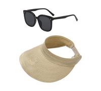 ZGDEIWGF 1 chapeau de paille tissé, 1 paire de lunettes de soleil, chapeau de paille pliable, chapeau de soleil à large bord, chapeau de paille réglable avec haut creux, chapeau de protection solaire