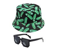 ZGDEIWGF 1 chapeau de pêcheur double face, 1 paire de lunettes de soleil, chapeau de soleil d'été, chapeau de pêche, chapeau de voyage en plein air, unisexe, Noir/vert, S/M