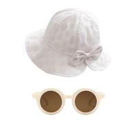 ZGDEIWGF 1 chapeau de soleil pour tout-petits, 1 paire de lunettes de soleil, chapeau de soleil avec nœud pour filles, chapeau de pêcheur pour tout-petits, bonnet pliable pour bébé, blanc, taille