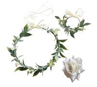 ZGDEIWGF 1 Guirlande De Feuilles Vertes, 1 Bracelet De Feuilles Vertes, 1 Épingle À Cheveux Rose Blanche, Bandeau Forêt Simple, Couvre-Chef De Mariée, Accessoires Photo