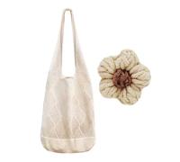 ZGDEIWGF 1 sac tricoté creux, 1 petite boucle décorative en forme de fleur, sac à main en maille respirante, sac de plage d'été, cartable à carreaux, sac tissé, sac de courses de grande capacité