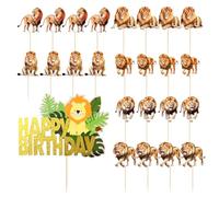 ZGDEIWGF 24 Inserts De Gâteau De Lion, 1 Insert De Gâteau De Joyeux Anniversaire, Inserts De Gâteau d'anniversaire pour Enfants, Décorations De Cupcakes, Décorations De Gâteaux d'animaux Sauvages