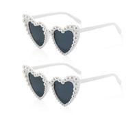 ZGDEIWGF Lot de 2 paires de lunettes de soleil en forme de cœur - Pour fête - Décoration de perles - Pour femme, Cadre blanc, film noir et gris, Taille unique