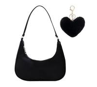 ZGDEIWGF Sac à Main Noir Demi-Lune avec Pendentif en Peluche, Sac à Bandoulière Tendance et Léger, Texturé pour Femme, Décontracté