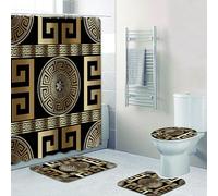 ZGDPBYF Ensemble de 4 pièces de salle de bain géométrique noir doré clé grecque méandre, tapis de bain antidérapant, tapis de sol, décoration d'intérieur, rideau de douche imperméable, salle de bain