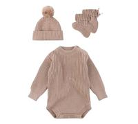 Zgehnao Barboteuse tricotée, ensemble de 3 pièces pour nouveau-nés avec chapeau et chaussettes assortis, tenue en tricot doux et respirant pour bébé de 0 à 6 mois