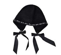 Zgehnao Chapeau en polaire avec nœud papillon, perles et pompons - Chapeau élégant pour femme - Noir, Noir , 5-6