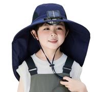 Zgehnao Chapeau pour enfant alimenté par énergie solaire et USB avec large bord et rabat de cou réglable pour les activités de plein air, bleu marine, 5-8