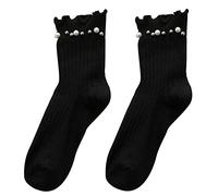 Zgehnao Chaussettes en coton côtelé avec perles et bordure volantée pour femme, Noir , 10-15 Short