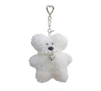 Zgehnao Pendentif de sac, porte-clés ours en peluche avec collier de perles, pendentif pour téléphone portable, pendentif en coton PP doux, breloque animal en peluche pour téléphones et sacs, blanc