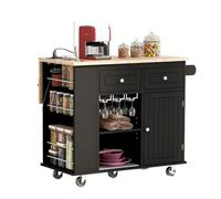 ZGHQHCDRH Chariot de Rangement à roulettes Chariots de Cuisine sur Roues avec Rangement, abattant, Prise de Courant, tiroir, comptoir d'armoire, Dessus en Bois d'hévéa Chariot à roulettes(Black)