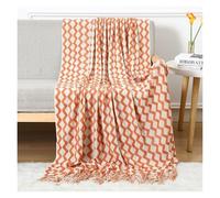 ZGHQHCDRH Couverture tricotée, Plaid tricoté for canapé, doux, style ferme, automne, avec pompons, motif géométrique(Red,127x172CM/50x67.7IN)