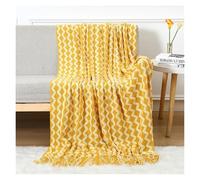 ZGHQHCDRH Couverture tricotée, Plaid tricoté for canapé, doux, style ferme, automne, avec pompons, motif géométrique(Yellow,127x172CM/50x67.7IN)