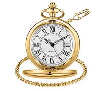 ZGHQHCDRH Montre de Poche, Montre de Poche Classique en Acier Lisse avec chaîne et Chiffres Romains for Hommes et Femmes, Pendentif, Cadeau d'anniversaire for la fête des pères(Gold)