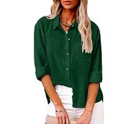 ZGIDDAZ Chemisiers Et Blouses Femme Coton Et Lin Chemise Blanche Femme Uni Col V Chemise Blanche Manche Longue Chemisier Femme Dentelle Boton Chemisier Femme Pas Chere Décontracté Vert foncé 3XL