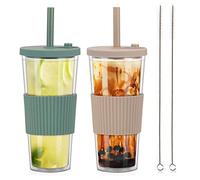 ZgoEC 2pcs Gobelet Bubble Tea Cup Boba Gobelet, Verres à Boire avec Couvercle et Paille, 730ML Double Paroi Isolé Tasse en Plastique, Réutilisables Anti-fuite Tasse pour Café Jus de Fruits Smoothie