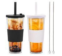 ZgoEC 730ML Boba Gobelet Verre Bubble Tea Cup Anti-Fuite, Tasse à thé à Bulle Gobelet avec Paille et Couvercle, 2PCS Reutilisable Tasses à thé Isolée à Double Paroi pour Smoothie Café jus de Fruits
