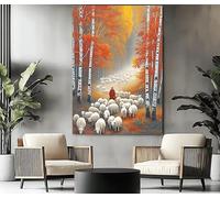 ZGRRXSM Tableau sur toile représentant un berger dans une forêt de bouleaux en automne, idéal pour décorer un salon, une chambre, un bureau ou toute autre pièce (60 x 90 cm/cadre intérieur).
