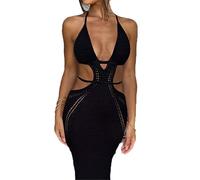 ZH8FCHAN Femmes Halter Robe sans Manches Cravate Dos Creux Corset Tricot Robe (Black,Grand)