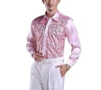 ZH8FCHAN Men's Sequin Dress Shirt Button Down 70s Disco Party Sparkly Metallic Shirt Prom Costume (Pink,M)