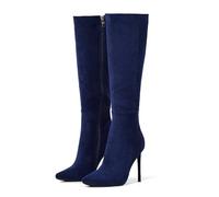 Zhabtuc Bottes hautes pour femmes de 4 pouces, bottes à talons aiguilles à bout pointu et large mollet en cuir suédé confortable et sexy, Daim bleu marine, 42 EU