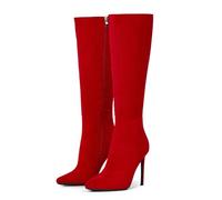Zhabtuc Bottes hautes pour femmes de 4 pouces, bottes à talons aiguilles à bout pointu et large mollet en cuir suédé confortable et sexy, daim rouge, 38.5 EU