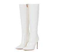 Zhabtuc Bottes hautes pour femmes de 4 pouces, bottes à talons aiguilles à bout pointu et large mollet en cuir suédé confortable et sexy, blanc mat, 38.5 EU