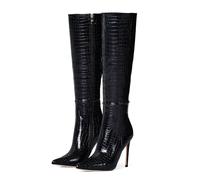 Zhabtuc Bottes hautes pour femmes de 4 pouces, bottes à talons aiguilles à bout pointu et large mollet en cuir suédé confortable et sexy, Grain de pierre noire, 40 EU