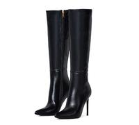 Zhabtuc Bottes hautes pour femmes de 4 pouces, bottes à talons aiguilles à bout pointu et large mollet en cuir suédé confortable et sexy, noir mat, 40 EU