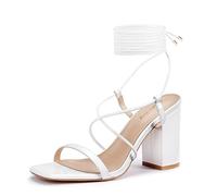 Zhabtuc Sandales à Talons Hauts de 8 cm pour Femmes, Sangle à Lacets, Talon Large, Bout carré, Bout Ouvert, Sandales de Bal de Rencontres,Blanc B,41 EU