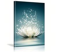 Zhadongli Art Décoration murale en fleur de lotus blanche, tableau décoratif mural bleu sarcelle, fleur de lotus fleurissant dans l'eau, impressions sur toile, 40 x 60 cm (16 x 24 pouces) avec cadre