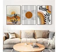 Zhadongli Art Impression sur toile style bohème du milieu du siècle, motif feuilles de soleil arc-en-ciel, décoration murale abstraite pour salon (60 x 90 cm, 3 pièces avec cadre)